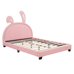 HAOYYE Full Size Upholstered Leather Platform Bed with Rabbit Ornament, Pink Sturdy Space-Saving Heavy Duty Modern Design Adults Dorm Room Easy Assembly Bedroom Furniture