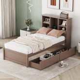 HAOYYE Twin Bed Frame with USB Port, Bookcase Headboard and Storage Drawers, Walnut Finish, Sturdy Space-Saving Design, Heavy Duty, Easy Assembly, Ideal for Bedroom and Dorm Room