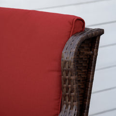 HAOYYE Brown Rattan Outdoor Rocking Chair with Wine Red Cushions, PE Wicker and Steel Frame Lounge Chair with Thick Padded Washable Cushions and Wide Armrests, Ideal for Patio Porch Garden and Backyard Relaxing Seating