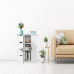 HAOYYE White Bathroom Storage Cabinet With 2 Doors And 4 Drawers, Spacious And Durable Bathroom Vanity Organizer, Modern Design For Efficient Storage Of Toiletries And Essentials, Stylish And Functional Home Furniture