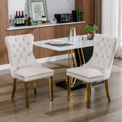 HAOYYE High-end Tufted Solid Wood Contemporary Velvet Upholstered Dining Chair with Golden Stainless Steel Plating Legs,Nailhead Trim,Set of 2,Beige and Gold, SW1601BG