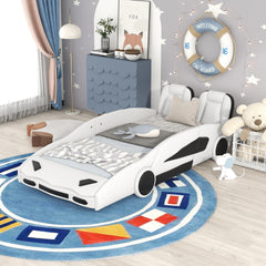 HAOYYE Twin Size Race Car-Shaped Platform Bed with Wheels, White Sturdy Space-Saving Heavy Duty Modern Design Adults Dorm Room Easy Assembly Bedroom Furniture