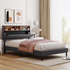 HAOYYE Full size Upholstered Platform Bed with Storage Headboard and USB Port, Linen Fabric Upholstered Bed (Gray) Sturdy Space-Saving Heavy Duty Modern Design Easy Assembly Durable Stylish Home Furniture