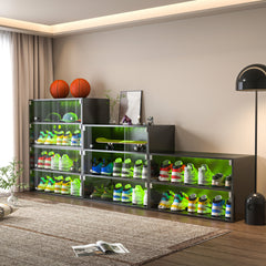 Haoyye Black Glass Door Shoe Storage Cabinet with RGB LED Light, Modern Sneaker Display Case with App Control and USB Power, Stackable Organizer for Bedroom or Entryway