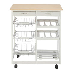 HAOYYE Moveable Kitchen Island Cart with Two Drawers, Three Metal Baskets, and Two Wine Racks, Sturdy Durable Rolling Storage Cart with White Pine Frame, Easy Assembly, Space-Saving, Ideal for Home Kitchens or Dining Rooms