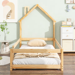 Haoyye Twin Size Wood Bed with House-Shaped Headboard, Floor Bed Frame with Fences and Guardrails, Low Platform Design for Bedroom or Dorm, Sturdy Pine Construction, Space-Saving and Heavy Duty, Easy Assembly, Ideal for Cozy Sleeping Spaces