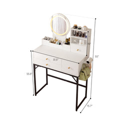 HAOYYE Vanity Desk With Lighted Mirror And Power Outlet, Makeup Table With Drawers And Cabinet, Sturdy Iron Frame, Space-Saving Modern Design, Heavy Duty White Makeup Vanity Table For Bedroom