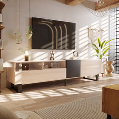 HAOYYE Modern TV Stand For 80 Inch TV With Double Storage Space And Drop Down Door, Media Console Table And Entertainment Center For Living Room, Bedroom And Home Theatre, Featuring Sturdy Space Saving Heavy Duty Construction And Sleek Contemporary Design