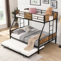 HAOYYE Twin Over FULL Metal Bunk Bed with Trundle 2 - Side Ladder and Full-Length Guardrail, No Box Spring Needed, Large Under Bed Storage, Easy Assemble , Black & Brown Sturdy Space-Saving Heavy Duty