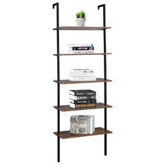 HAOYYE 5-Tier Industrial Wall Mounted Ladder Bookcase – Rustic Brown Wood Finish With Black Metal Frame, Open Display Shelf For Books, Home Décor, Plants, Living Room Storage, Office Display, Durable & Space-Saving Industrial Design