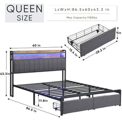 HAOYYE Queen Bed Frame with Storage Headboard and Drawers, LED Upholstered Platform Bed Frame with Built-in Charging Station, No Box Spring Needed, Easy Assembly, Sturdy and Space-Saving Design in Grey for Adults