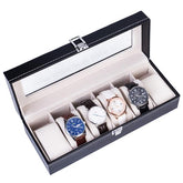 HAOYYE 6-Compartment Luxury Leather Watch Box - High-Grade Black Leather Watch Organizer with Soft Plush Lining, Sleek and Compact Design, Premium Quality Decorative Display Case for Men’s and Women’s Watches, Perfect for Home or Travel Storage