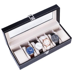 HAOYYE 6-Compartment Luxury Leather Watch Box - High-Grade Black Leather Watch Organizer with Soft Plush Lining, Sleek and Compact Design, Premium Quality Decorative Display Case for Men’s and Women’s Watches, Perfect for Home or Travel Storage