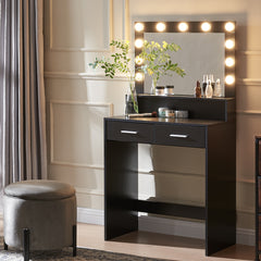 HAOYYE Vanity Desk with Mirror and Lights, Dressing Table with Large Drawer, Two-Level Storage Dresser, and Adjustable Brightness with Three Lighting Modes, Black, Sturdy Space-Saving Design, Heavy Duty Construction, Stylish and Durable Home Furniture