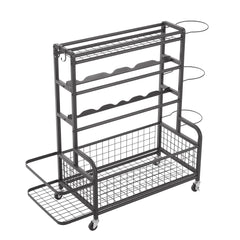 HAOYYE 4-Tier Metal Storage Organizer with Rolling Wheels for Basketball Sports Equipment Organizer for Yoga Mat Larger Ball Storage Rack with Baskets and Hooks, Indoor or Outdoor for Tennis Racket,Football