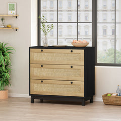 HAOYYE 3-Drawer Storage Cabinet with Rope Woven Drawers, Sturdy Black Design for Bedroom, Living Room, Dining Room, Hallways, Heavy Duty, Space-Saving, Durable, Easy Assembly, Stylish and Versatile Home Furniture