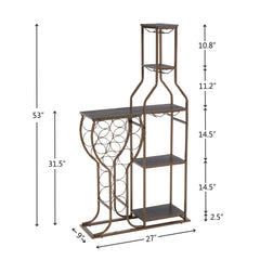 Haoyye Grey Wine Bakers Rack with 11 Bottle Storage, 5 Tier Freestanding Wine Rack with Hanging Glass Holder and Shelves, Rustic Metal and Wood Liquor Organizer for Kitchen, Dining Room or Home Bar, Sturdy Space-Saving Display Stand