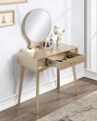 HAOYYE Maly Contemporary Wood Vanity and Stool Set, Gold Makeup Vanity Table with Storage Drawer, Elegant Dressing Table with Round Mirror and Cushioned Stool, Stylish and Compact Vanity Desk for Bedroom, Apartment, or Makeup Room