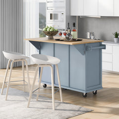 HAOYYE Kitchen Cart with Rubberwood Drop-Leaf Countertop, Cabinet Door Internal Storage Racks, Kitchen Island on 5 Wheels with Storage Cabinet and 3 Drawers for Dining Room, Grey Blue, Sturdy Space-Saving Design, Durable Home Furniture