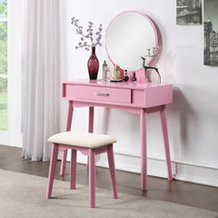 HAOYYE Maly Contemporary Wood Vanity and Stool Set, Pink Makeup Vanity Table with Storage Drawers, Elegant Dressing Table with Round Mirror and Cushioned Stool, Stylish and Compact Vanity Desk for Bedroom, Apartment, or Makeup Room