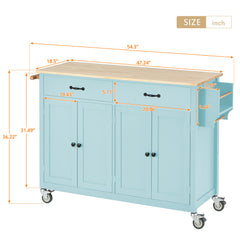 HAOYYE Kitchen Island Cart, Mint Green, with Solid Wood Top, 4-Door Cabinet, 2 Drawers, Adjustable Shelves, Spice Rack, Towel Bar, and 2 Locking Wheels. Modern, Space-Saving, Sturdy Heavy Duty Design for Easy Assembly and Versatile Use