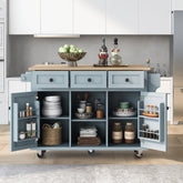 HAOYYE Kitchen Cart with Rubberwood Drop-Leaf Countertop, Cabinet Door Internal Storage Racks, Kitchen Island on 5 Wheels with Storage Cabinet and 3 Drawers for Dining Room, Grey Blue, Sturdy Space-Saving Design, Durable Home Furniture