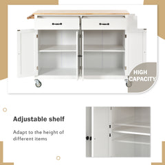 HAOYYE Kitchen Island Cart with Solid Wood Top, Locking Wheels, Four Door Cabinet, Two Drawers, Spice Rack, and Towel Rack, White, Sturdy Space-Saving Design, Heavy Duty Construction, Easy Assembly, Durable and Stylish Home Furniture