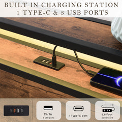 HAOYYE Lift-up Storage Bed Frame, Queen Size Bed Frame with Bookcase Headboard & LED Lights, Wooden Platform Bed Frame with Charging Station, No Spring Box Needed, Rustic Brown Sturdy Space-Saving Heavy Duty