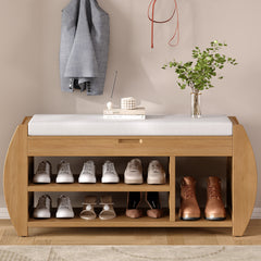 HAOYYE Retro Multifunctional Storage Bench with Cushion and Curved Side Panel for Entrance and Living Room (Natural) Sturdy Space-Saving Heavy Duty Modern Design Easy Assembly Durable Stylish Versatile