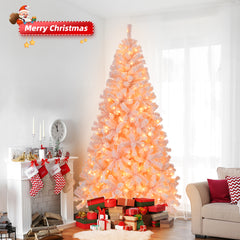 HAOYYE 6 FT Pre-Lit Snow Flocked Christmas Tree with 800 Branch Tips, 300 Warm White LED Lights and Remote Control, Artificial Hinged Xmas Pine Tree for Holiday Party, Office, Home, Snowy Pink Elegant Decoration