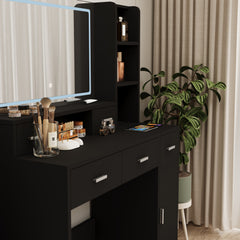 HAOYYE Black dressing table with LED 3-color illuminated mirror and power outlet, dressing table with drawers, storage box and shelf, dressing table with bedroom cushioned stool
