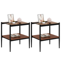 HAOYYE Modern Rectangle End Table Set of 2, Tempered Glass Tabletop With MDF Layer, Sturdy Space-Saving Heavy Duty Side Table For Living Room, Brown Finish, Easy Assembly