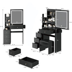 HAOYYE Small Space Left Bedside Cabinet Vanity Table + Cushioned Stool, 2 AC+2 USB Power Station, Hair dryer bracket, Extra Large Touch Control Sliding LED Mirror, Tri-color Switching, Brightness Adjustable