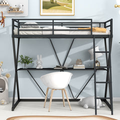 HAOYYE Twin Size Loft Bed with Desk, Ladder and Full-Length Guardrails, X-Shaped Frame, Black(Old SKU: MF297073AAB) Sturdy Space-Saving Heavy Duty Modern Design Adults Dorm Room Easy Assembly