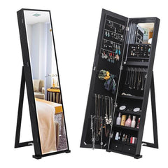 HAOYYE Jewelry Storage Cabinet With Blue LED Light, Upright Jewelry Organizer Cabinet Featuring Full-Length Mirror, Multiple Compartments For Necklaces, Rings, Earrings, Bracelets, Durable Black Finish For Home Use