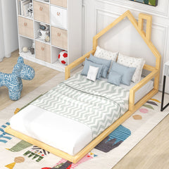 HAOYYE Twin Size Wood Floor Bed with House-shaped Headboard, Natural Sturdy Space-Saving Heavy Duty Modern Design Adults Dorm Room Easy Assembly Bedroom Furniture