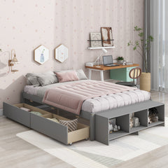 HAOYYE Full Size Bed with Storage Case, 2 Storage Drawers, Lengthwise Support Slat, Grey Heavy Duty Sturdy Bed Frame, Space-Saving Modern Design, Easy Assembly, Durable Stylish Home Furniture, Versatile Bedroom Storage Solution.