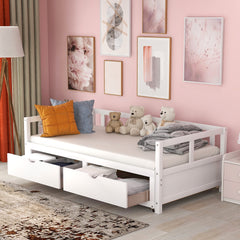 HAOYYE Wooden Daybed with Trundle and Storage Drawers, Extendable Sofa Bed for Bedroom or Living Room, White, Sturdy Space-Saving Design, Heavy Duty Construction, Easy Assembly, Durable and Stylish Home Furniture