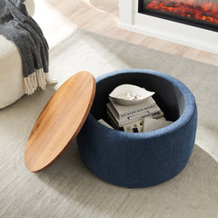 HAOYYE Round Storage Ottoman, 2 in 1 Function, Work as End table and Ottoman, Navy Sturdy Space-Saving Heavy Duty Modern Design Easy Assembly Durable Stylish Home Furniture Versatile