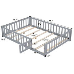 HAOYYE Full Size Floor Platform Bed with Fence and Door for , Montessori Floor Bed Frame with Support Slats for Toddlers, Wooden Floor Bed Grey Sturdy Space-Saving Heavy Duty Modern Design Adults
