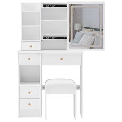 HAOYYE Small Left Drawer Desktop Vanity Table with Cushioned Stool, Touch Control Sliding LED Mirror, Tri-Color Lighting, Brightness Adjustment, Multi-Layer Storage, Ideal for Small Spaces