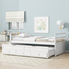 HAOYYE Twin Bed with Headboard, Footboard, Trundle and Storage Drawers, Pine Wood Twin Size Bed, White, Sturdy Space-Saving Heavy Duty Construction, Ideal for Adults and Dorm Rooms