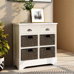 HAOYYE Rustic Storage Cabinet with Two Drawers and Four Classic Rattan Baskets for Dining Room or Living Room, White, Sturdy Space-Saving Design, Heavy Duty Construction, Easy Assembly, Durable and Stylish Home Furniture