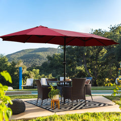 HAOYYE 15x9ft Large Double Sided Rectangular Outdoor Patio Market Umbrella with Lights and Base Red Twin Canopy Sun Shade for Deck Backyard Garden Poolside Balcony Heavy Duty Waterproof UV Resistant Fabric with Easy Crank Lift Design