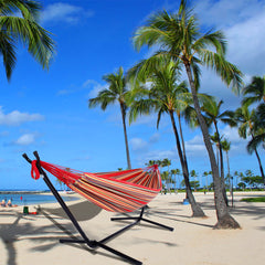 HAOYYE Portable Outdoor Hammock Set with Durable Polyester Fabric and Heavy Duty Steel Stand Ideal for Camping Travel Patio Garden Indoor and Outdoor Use Red