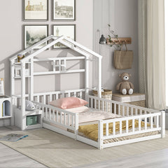 HAOYYE Twin Size House Shape Headboard Floor Bed with Guardrails, Slats Support, Nightstand ,White Sturdy Space-Saving Heavy Duty Modern Design Adults Dorm Room Easy Assembly Bedroom Furniture