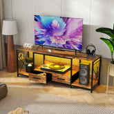 HAOYYE TV Stand with LED Lights and Power Outlets, TV Console with Fabric Drawers for 65-75 Inch TVs, Industrial Entertainment Center with Open Storage Shelves, Modern TV Stand for Living Room, Bedroom