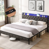 HAOYYE King Bed Frame with Storage Headboard, Charging Station and LED Lights, Upholstered Platform Bed with Heavy Metal Slats, No Box Spring Needed, Noise Free, Easy Assembly, Dark Gray Sturdy Space-Saving
