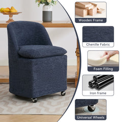 HAOYYE 058-Set of 2 Chenille Fabric Dining Chairs With Universal Wheels,Blue Sturdy Space-Saving Heavy Duty Modern Design Adults Dorm Room Easy Assembly Bedroom Furniture