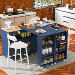 HAOYYE Navy Rolling Kitchen Island With Extended Table, LED Lights, Power Outlets, Fluted Glass Doors, Storage Compartment, and Open Shelves, Sturdy Space-Saving Design, Easy Assembly